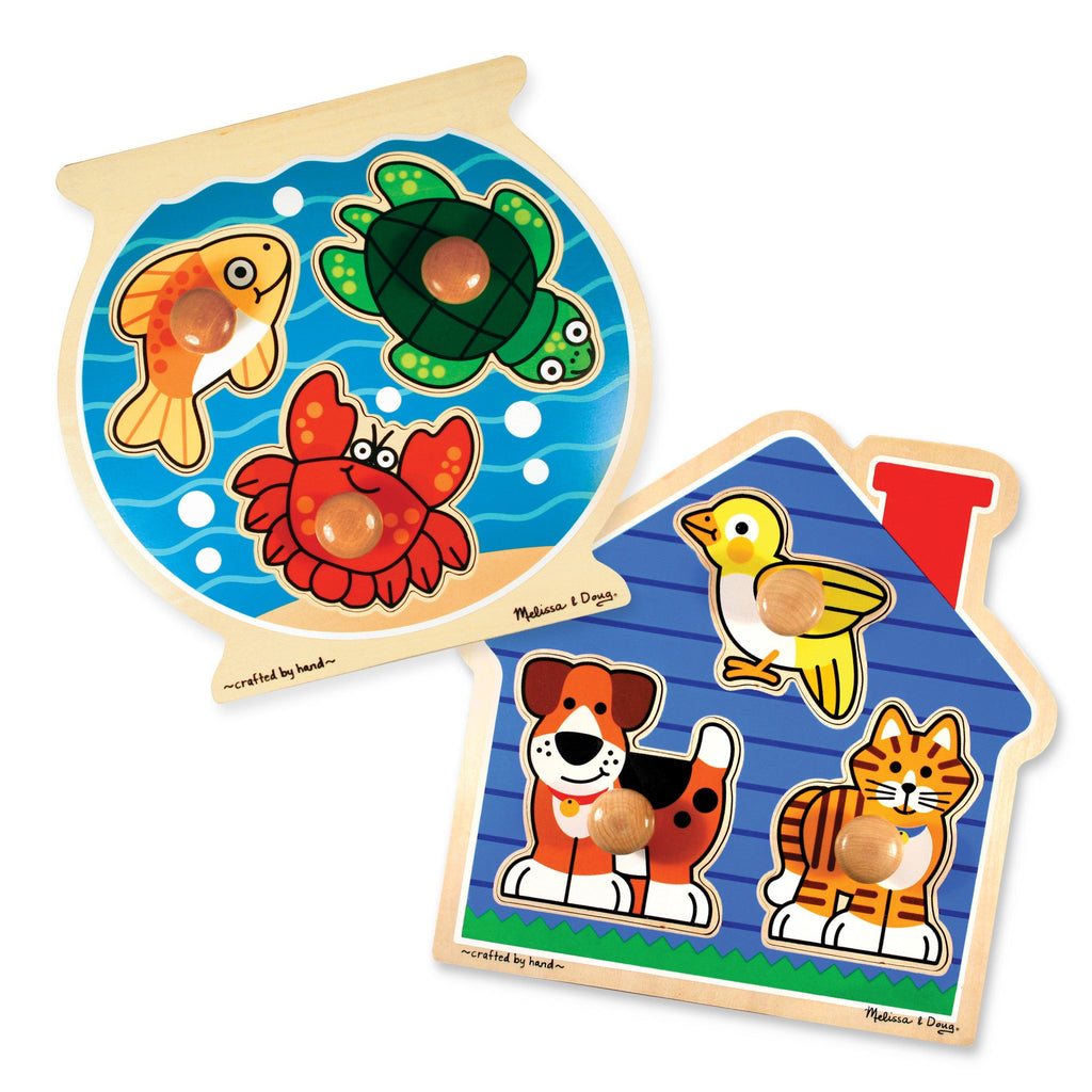 Educational Wooden Jumbo Peg Puzzle 2-Pack Fish Bowl House Pets