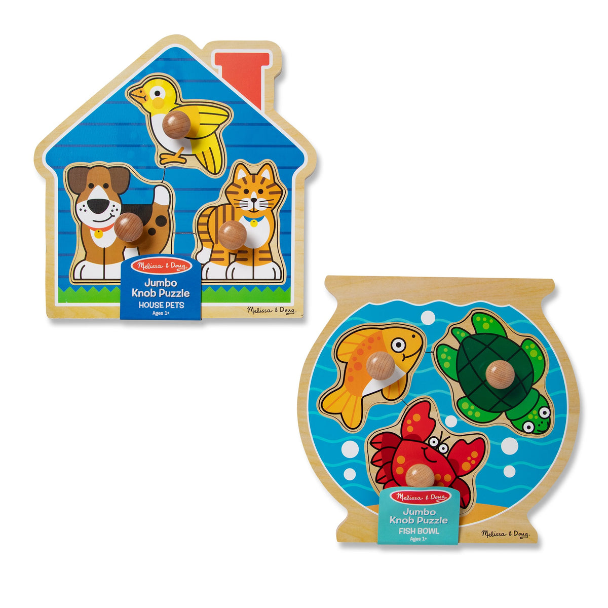 Educational Wooden Jumbo Peg Puzzle 2-Pack Fish Bowl House Pets