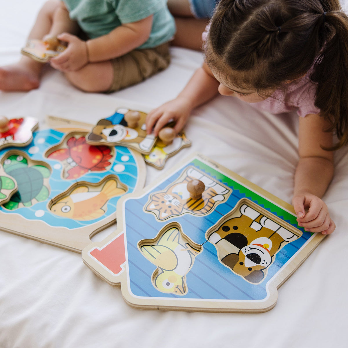 Educational Wooden Jumbo Peg Puzzle 2-Pack Fish Bowl House Pets