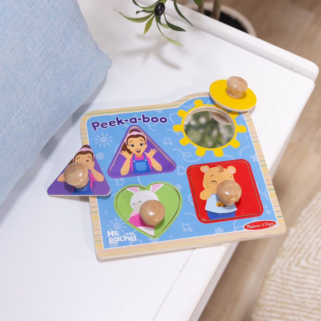 Educational Ms. Rachel Wooden Peek-a-Boo Jumbo Peg Puzzle 4 Pieces