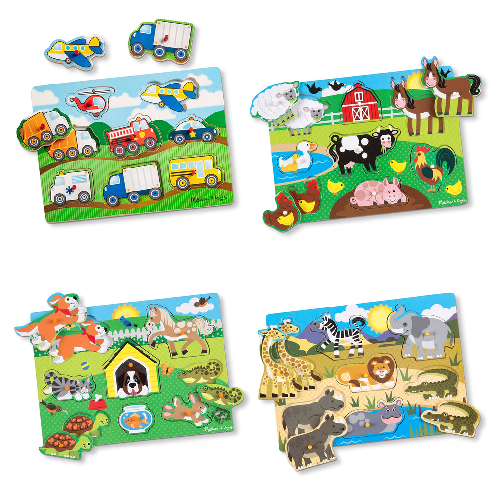 Educational Wooden Peg Puzzle 4-Pack Vehicles Farm Safari Pets