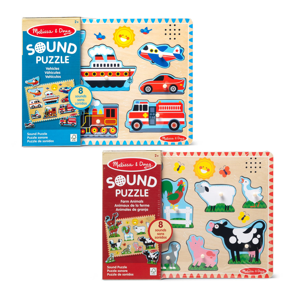 Educational Wooden Sound Puzzle 2-Pack Farm Animals Vehicles