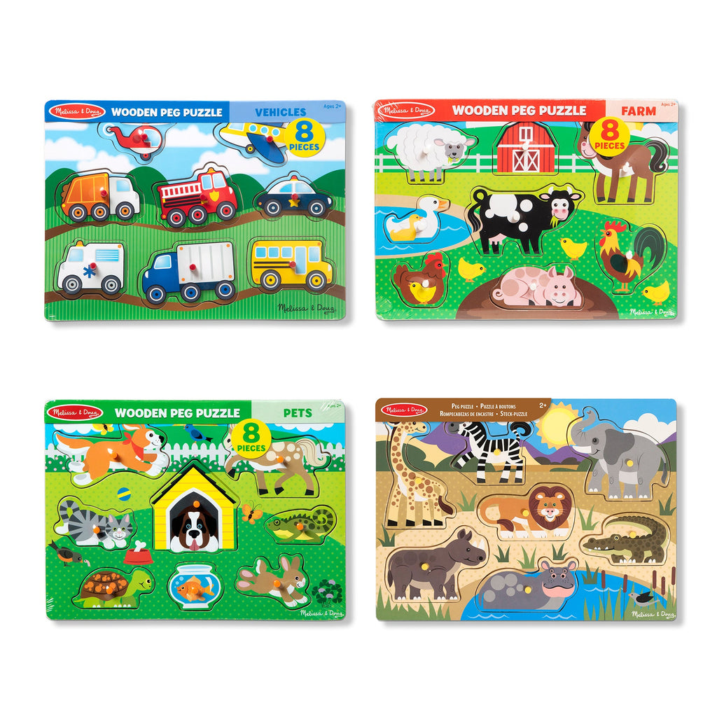 Educational Wooden Peg Puzzle 4-Pack Vehicles Farm Safari Pets
