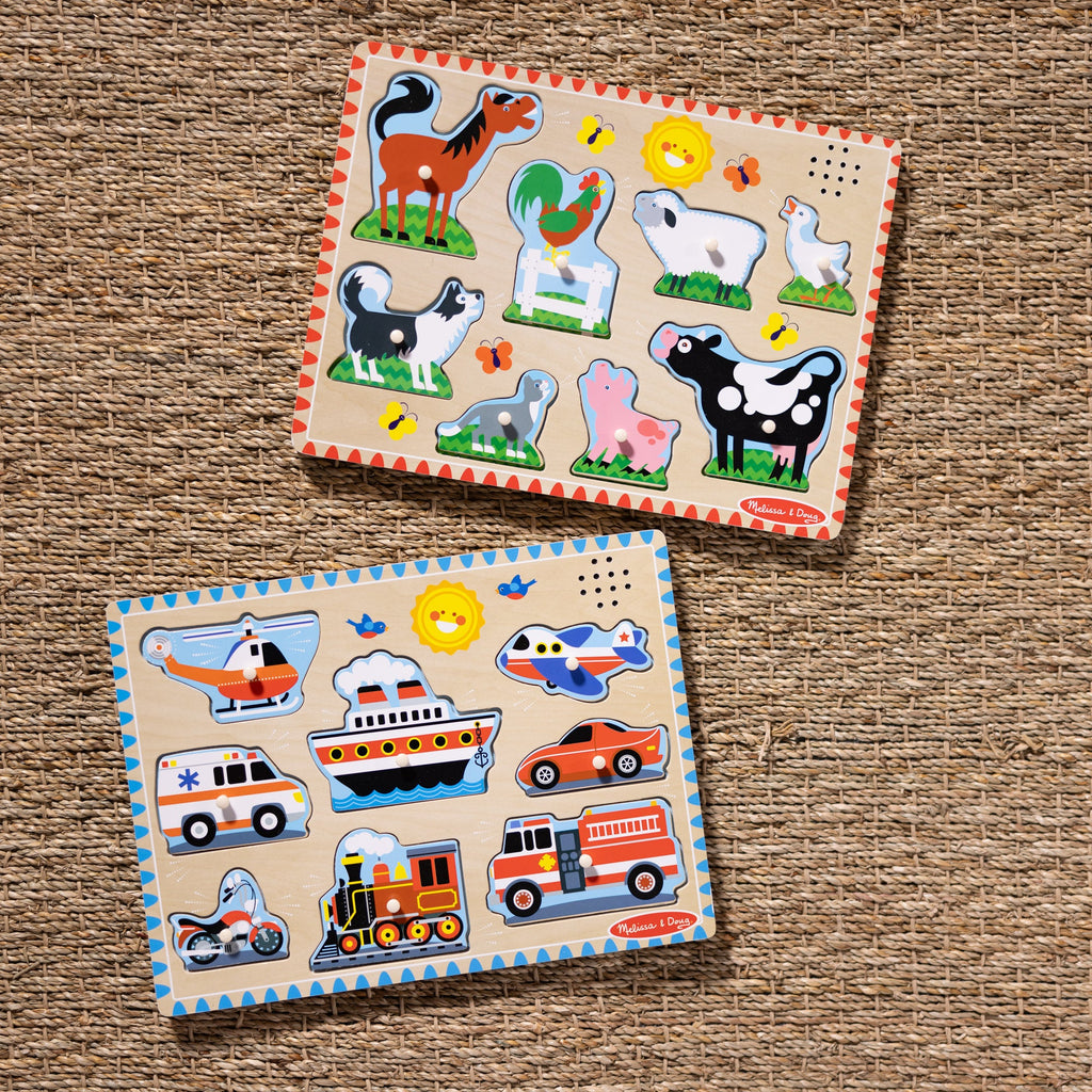 Educational Wooden Sound Puzzle 2-Pack Farm Animals Vehicles