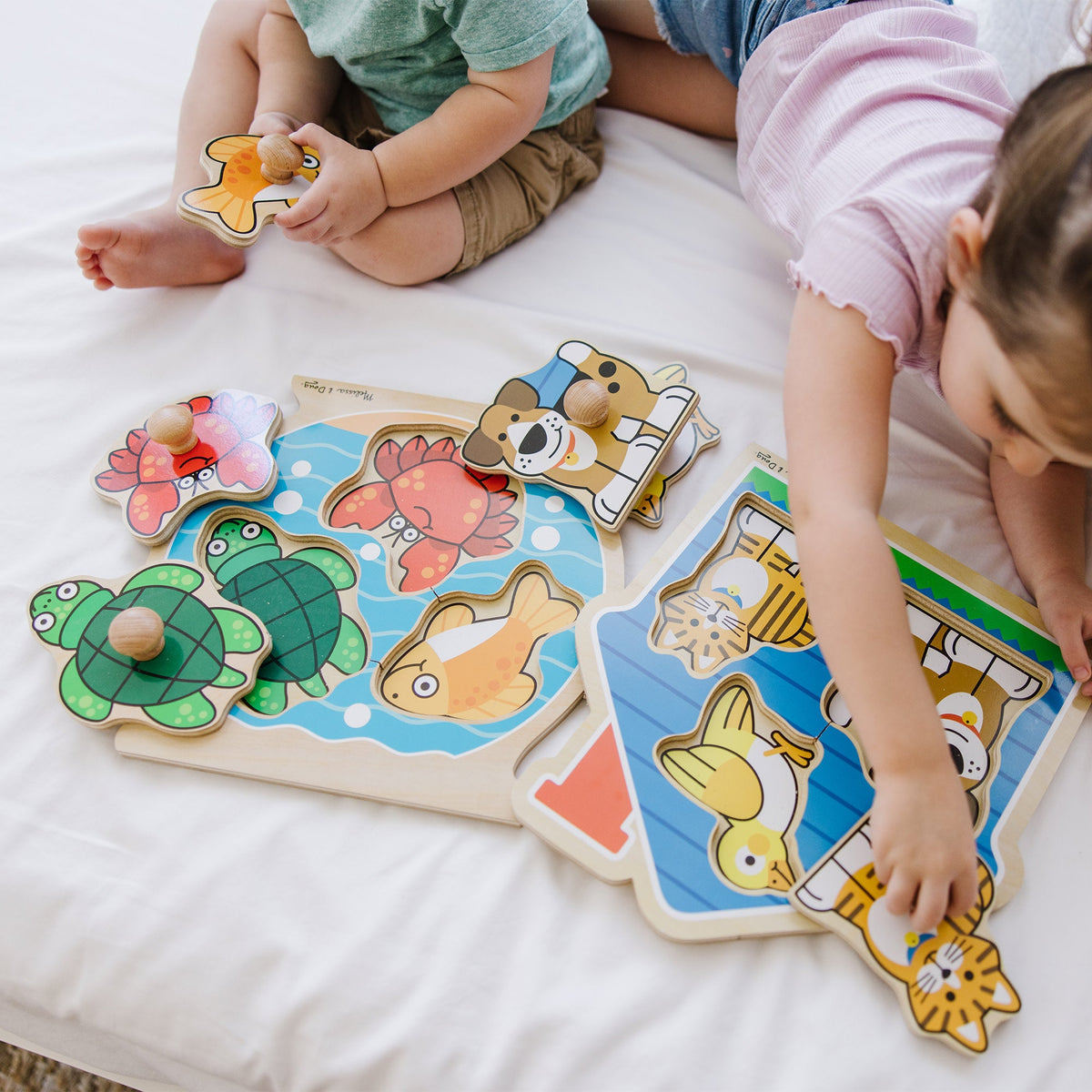Educational Wooden Jumbo Peg Puzzle 2-Pack Fish Bowl House Pets