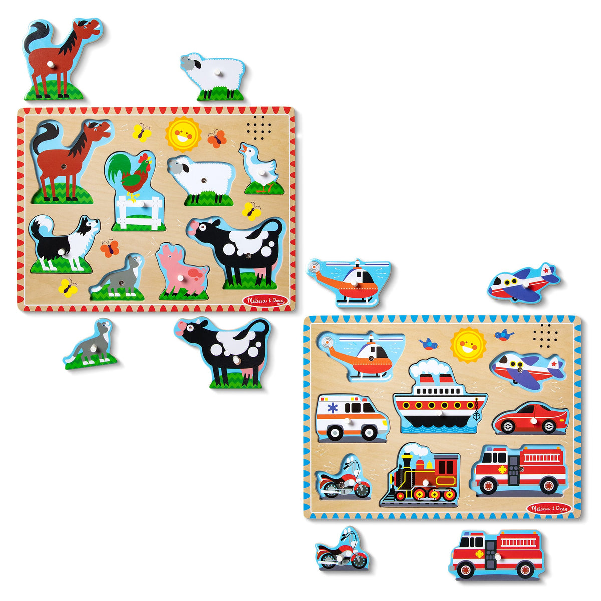 Educational Wooden Sound Puzzle 2-Pack Farm Animals Vehicles