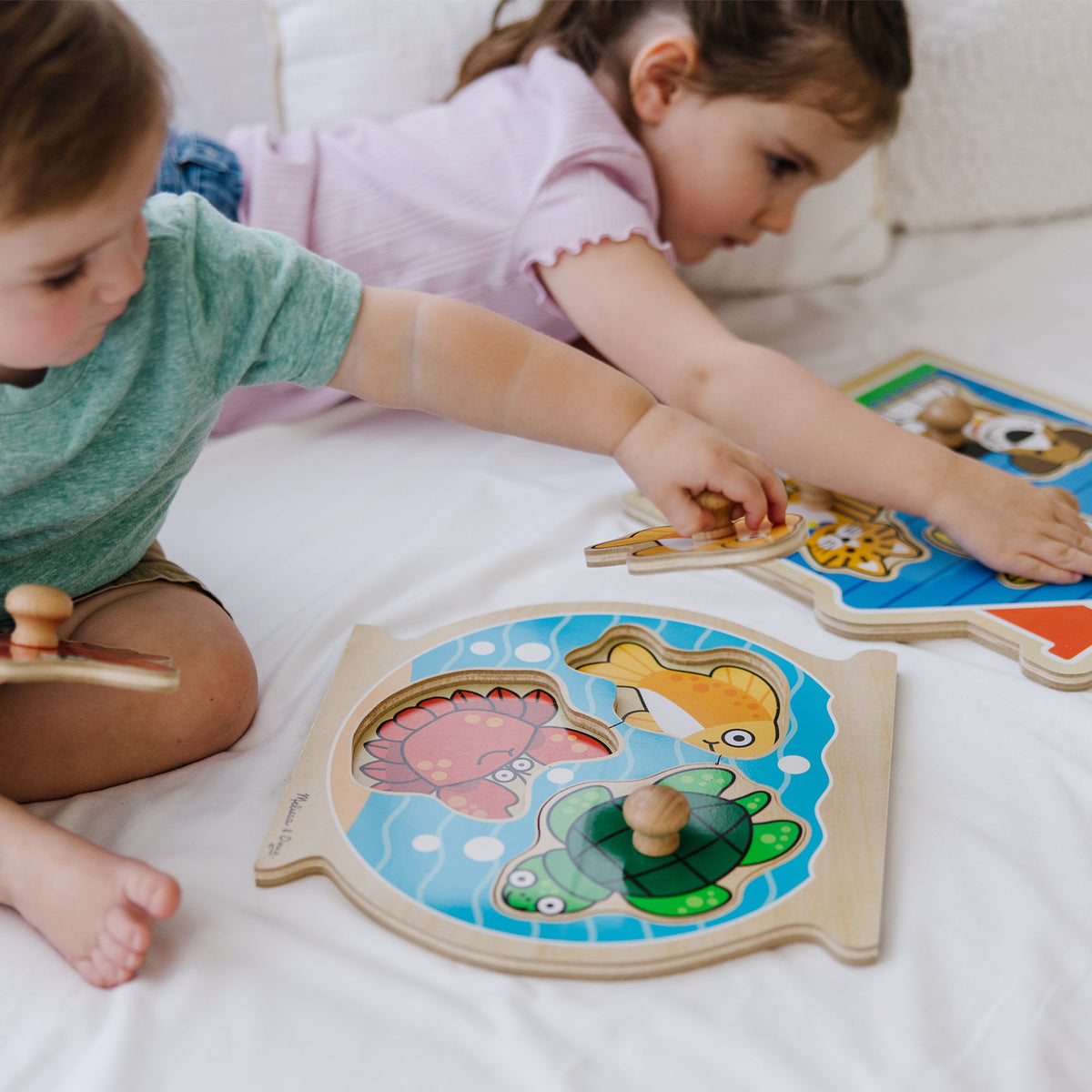 Educational Wooden Jumbo Peg Puzzle 2-Pack Fish Bowl House Pets