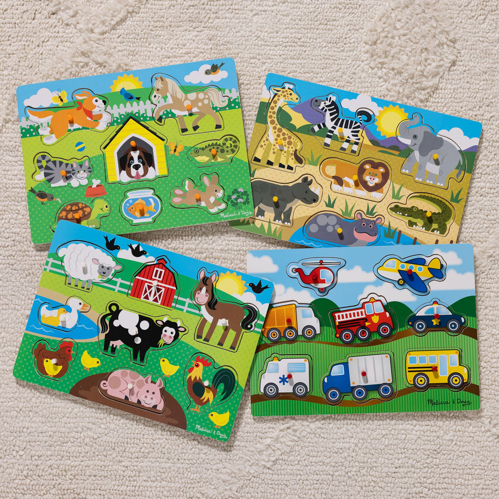Educational Wooden Peg Puzzle 4-Pack Vehicles Farm Safari Pets