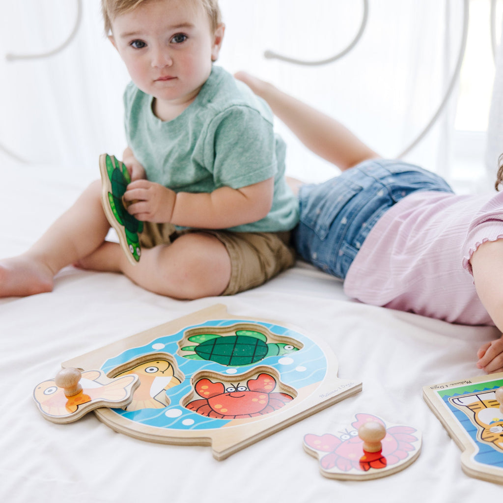 Educational Wooden Jumbo Peg Puzzle 2-Pack Fish Bowl House Pets