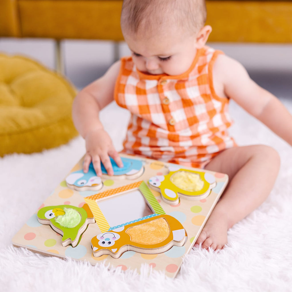 Educational First Play Wooden Touch and Feel Puzzle Peek-a-Boo Pets With Mirror