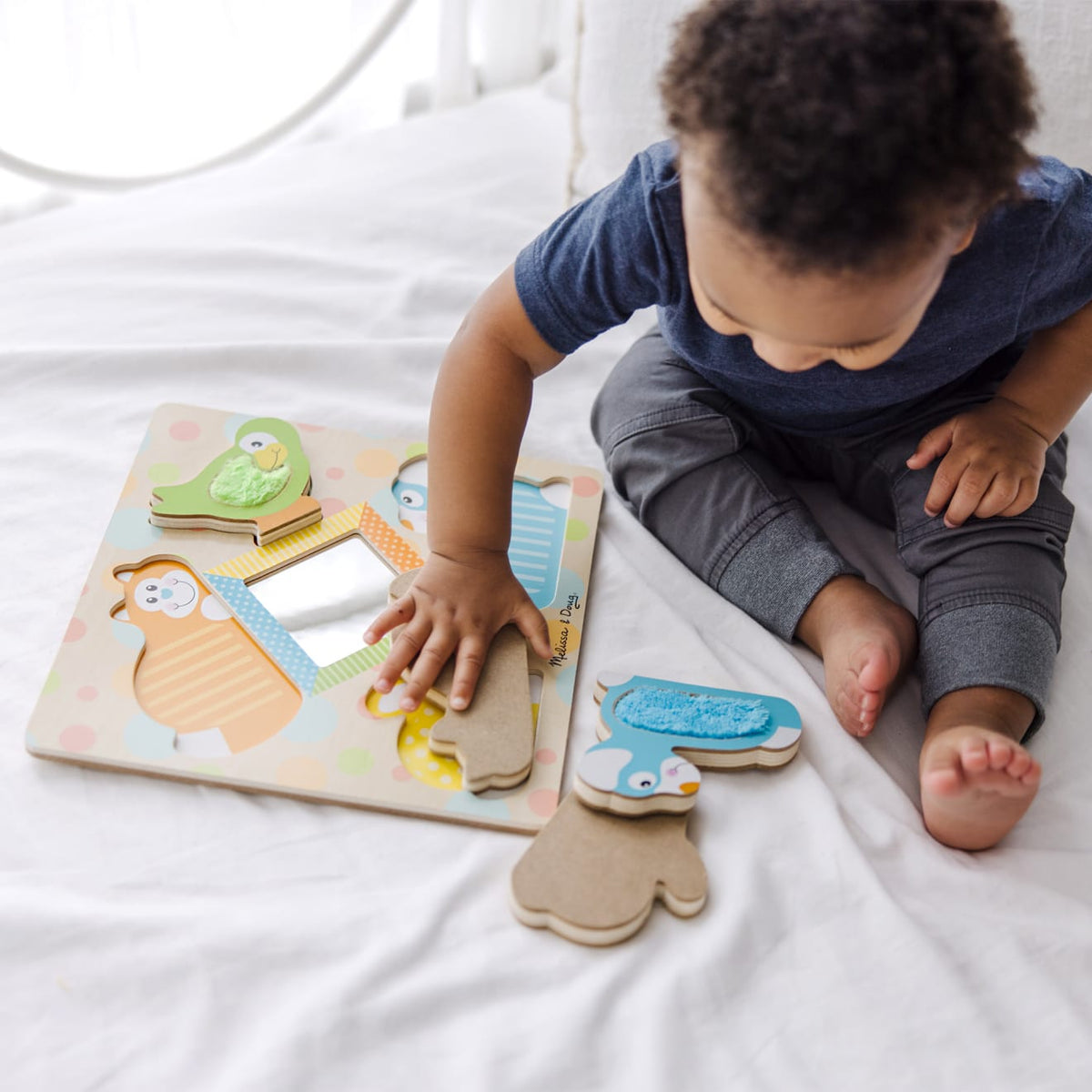 Educational First Play Wooden Touch and Feel Puzzle Peek-a-Boo Pets With Mirror