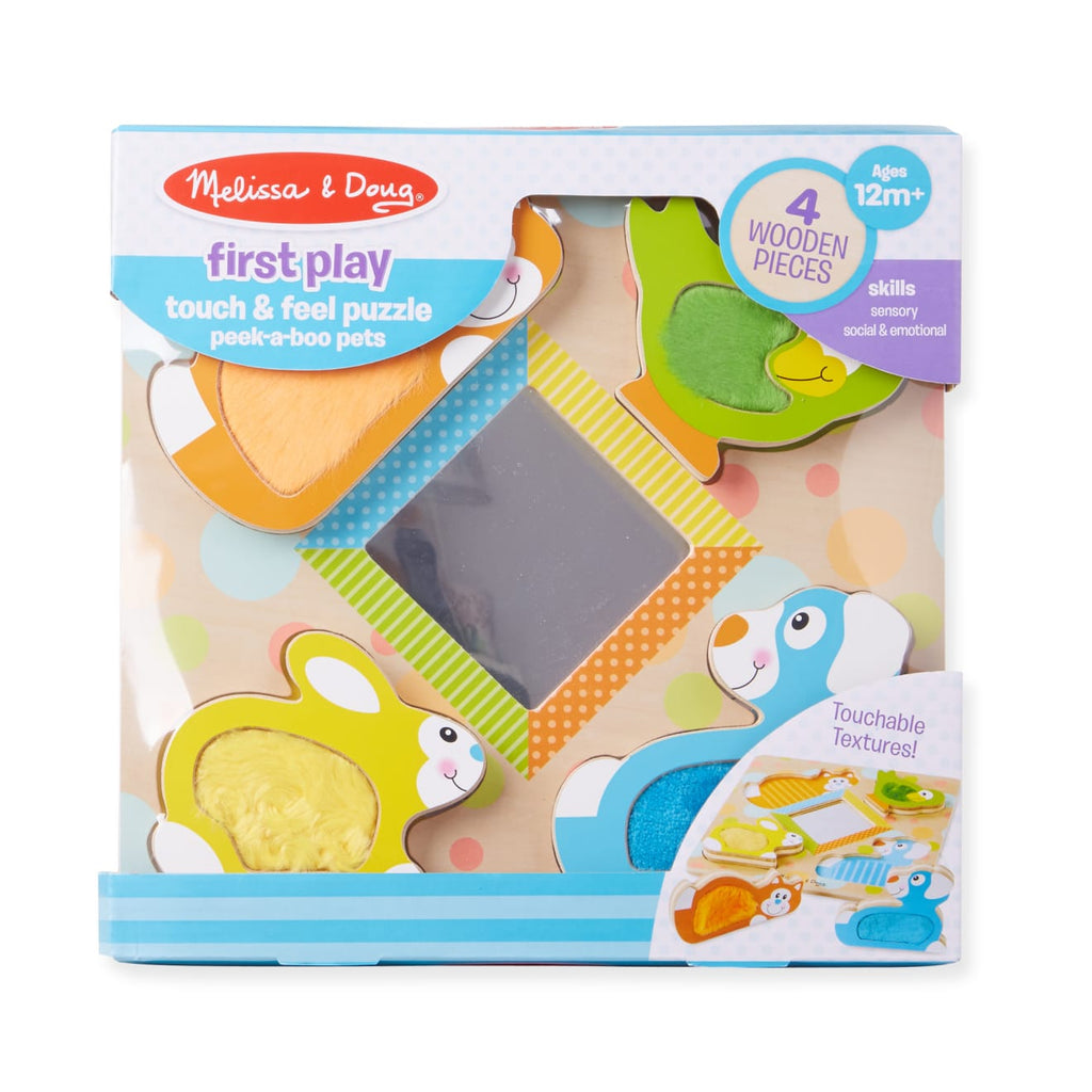 Educational First Play Wooden Touch and Feel Puzzle Peek-a-Boo Pets With Mirror