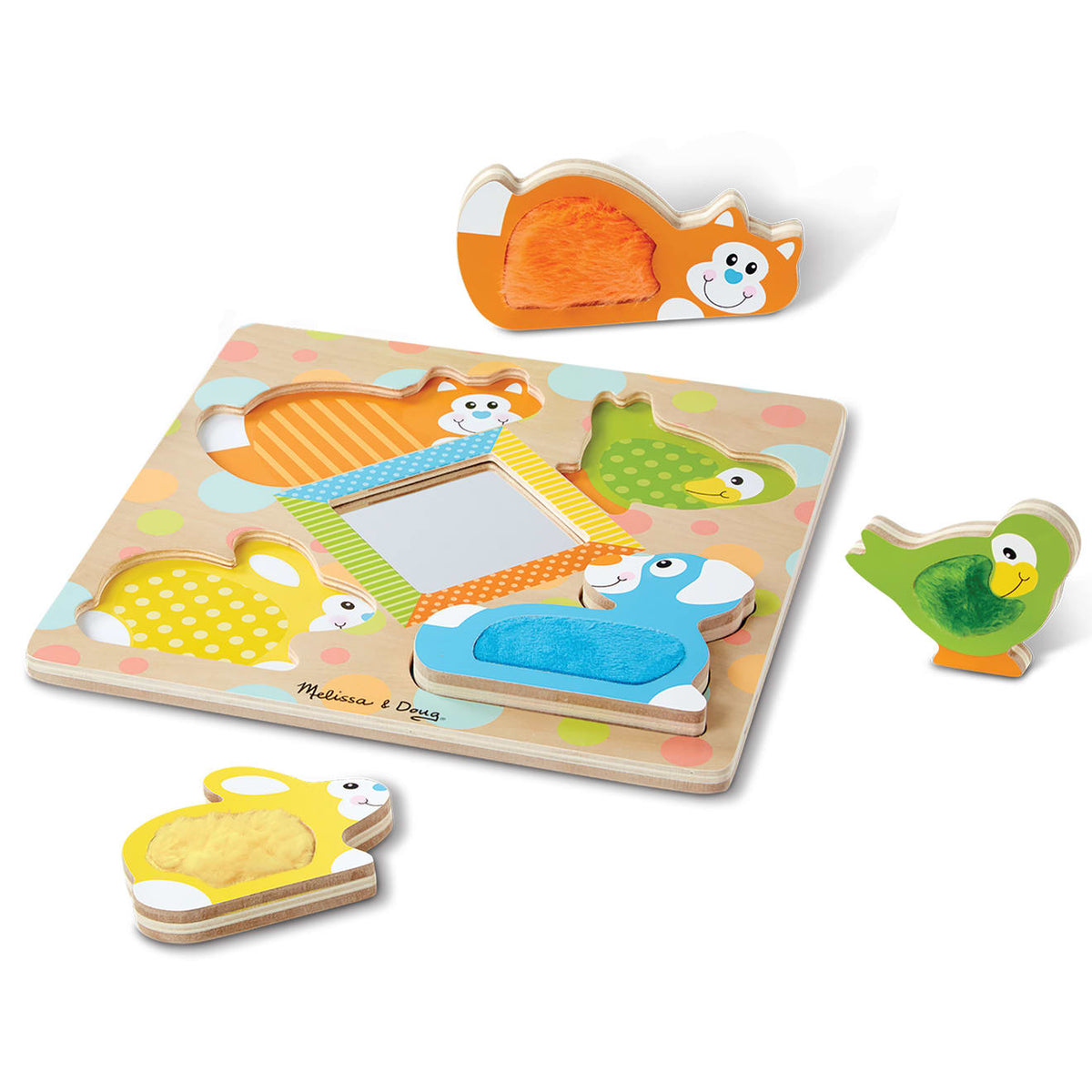 Educational First Play Wooden Touch and Feel Puzzle Peek-a-Boo Pets With Mirror